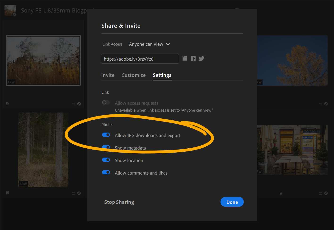 Activate sharing in Adobe Lightroom