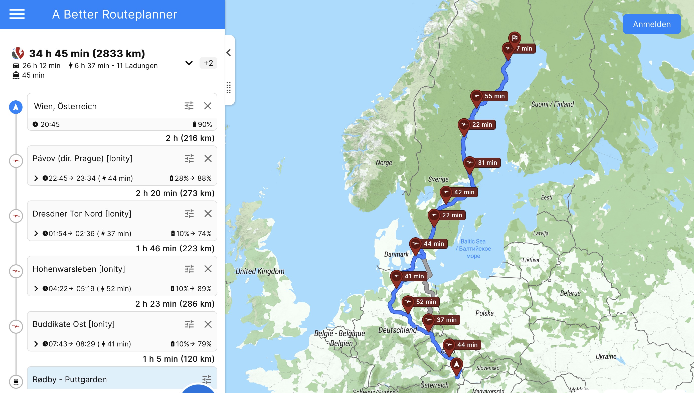 ABRP Routenplanung von Wien nach Luleå mit einem VW ID.3