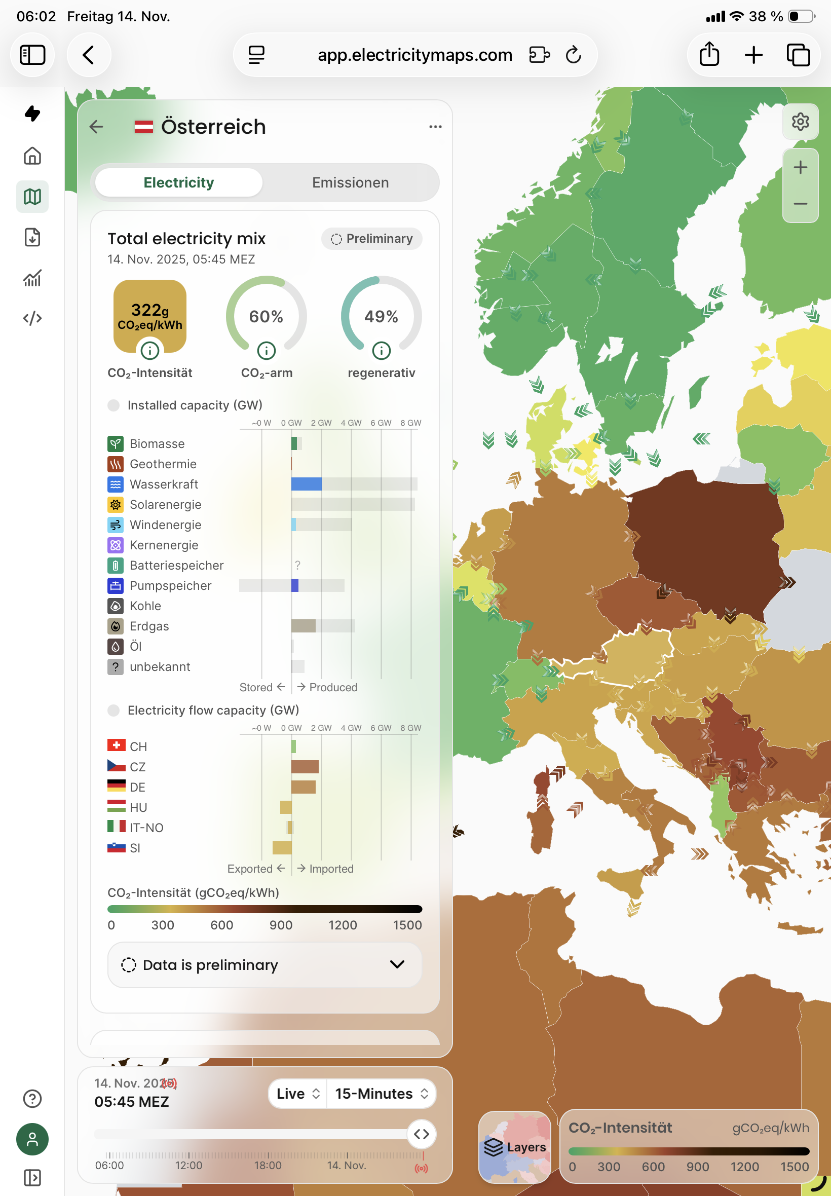 Screenshot von Electricity Maps vom 17. Jänner 2026